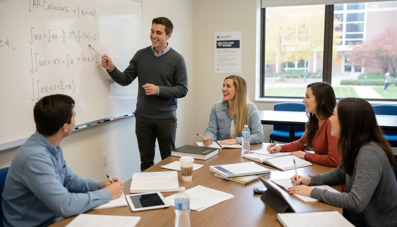 Photo Idea : A group tutoring session with one student at a whiteboard working through a problem while a tutor (or mentor) points and other students take notes—this signals collaborative learning and targeted feedback.