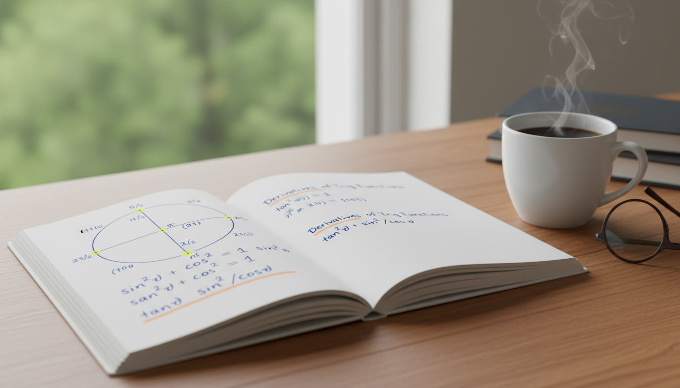 Photo Idea : A close-up photo of a student's notebook with a neatly drawn unit circle, highlighted key identities, and a cup of coffee — conveys focused, friendly study vibes.