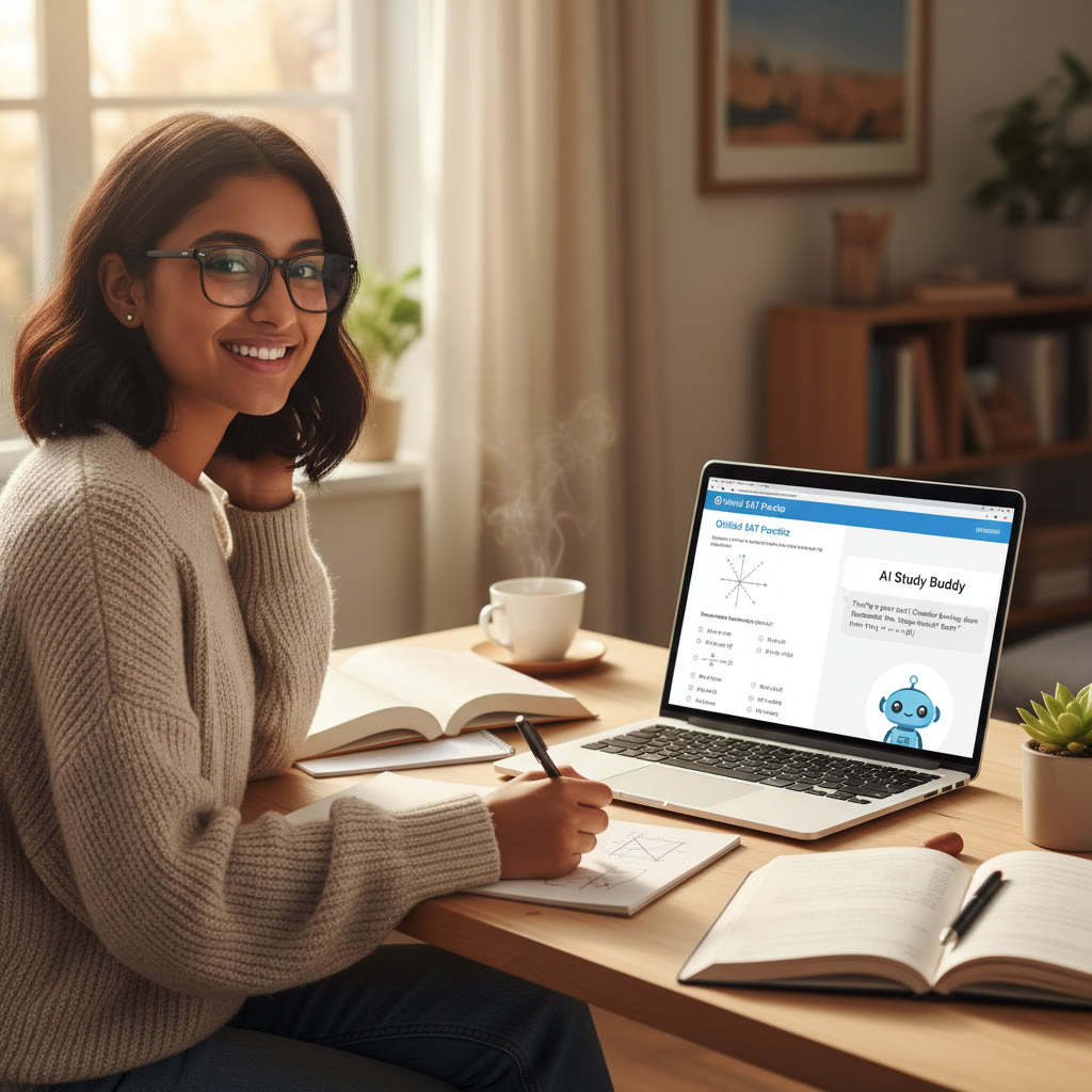 Student at a desk with a laptop showing a practice SAT problem and an AI chat interface, pen and notes beside them—image should convey focused study with technology as a helper.