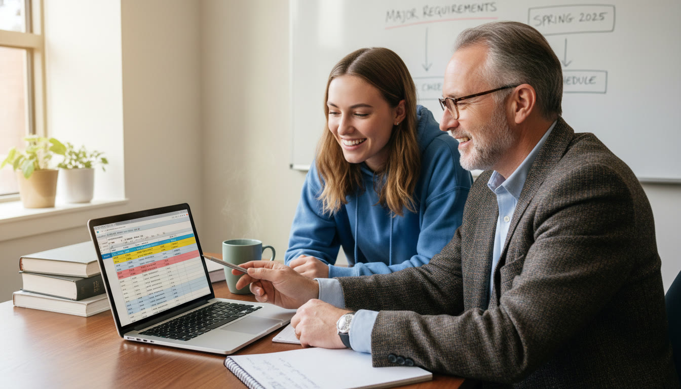 Photo Idea : An interior scene of a student advising office: a student and an academic advisor lean over a degree audit on a laptop, mapping out major requirements and potential AP credits—illustrates planning and institutional support.