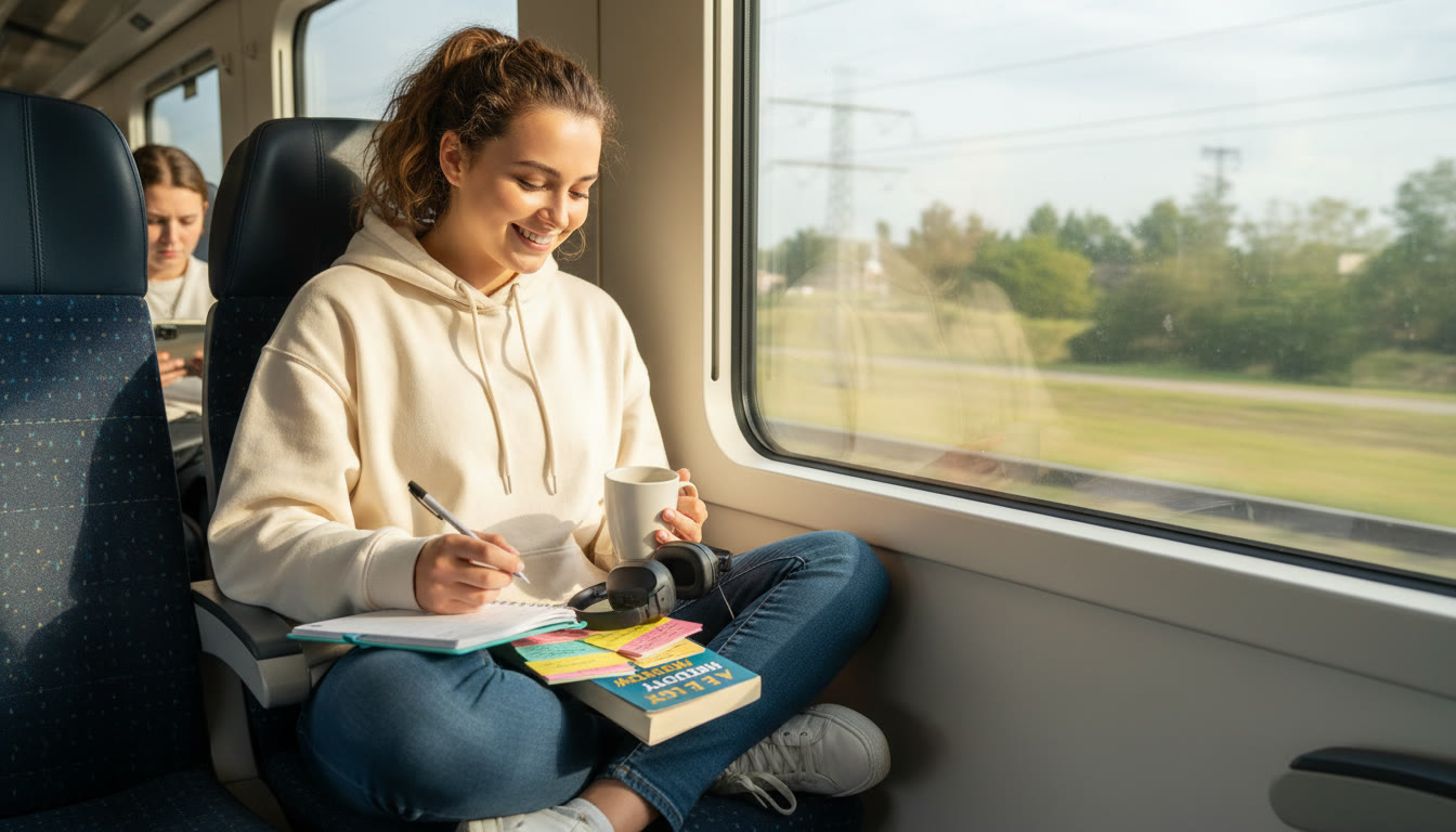 Photo Idea : A student sitting on a train with a compact study kit — paper flashcards, a slim planner, noise-cancelling earbuds, and a small paperback AP review book. Natural light, casual clothes, a sense of relaxed focus.