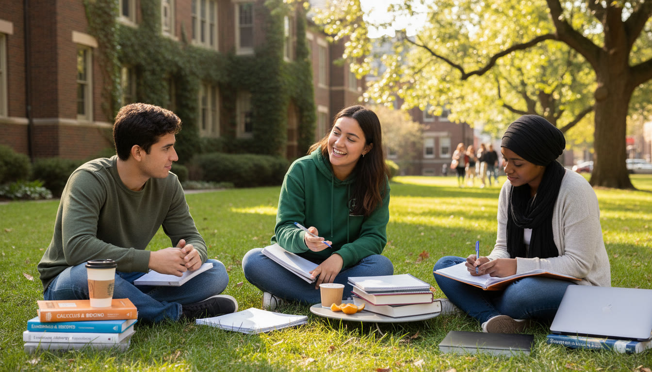 Photo Idea : A small study group meeting outdoors near a campus building with notebooks, one student explaining a concept to the others—conveys collaborative review and real conversation instead of screen time.