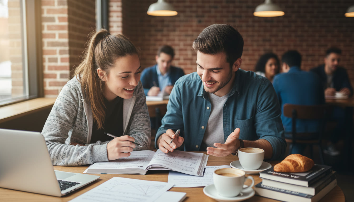 Photo Idea : A candid scene of a student and a tutor poring over an AP practice exam at a cozy café table, with notes and a laptop, illustrating focused 1-on-1 support and the tailored guidance that can boost AP performance.