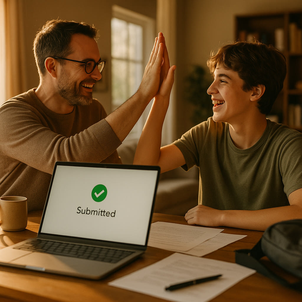 Photo Idea : A cozy, late-afternoon scene of a parent high-fiving a student after clicking the 