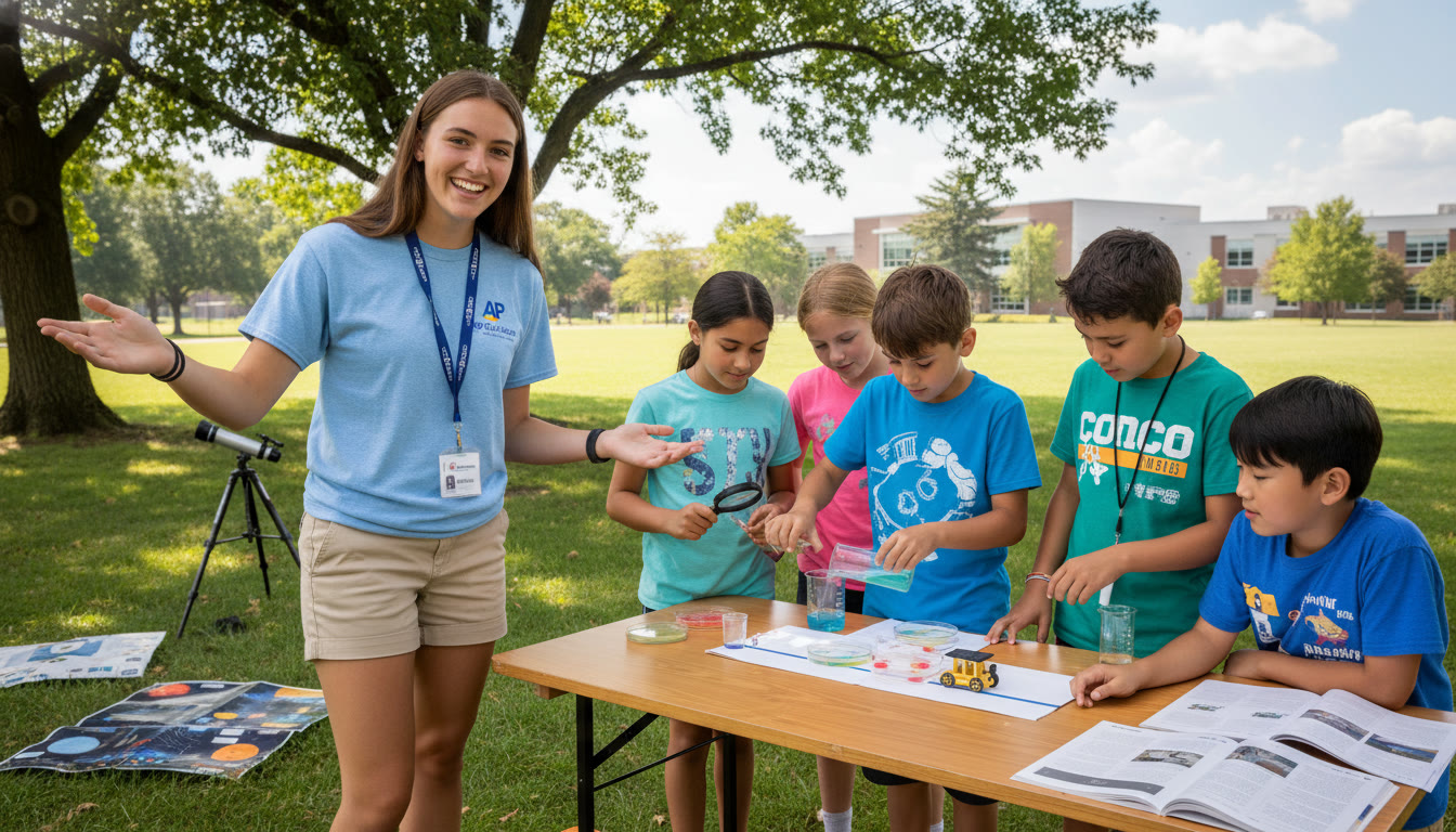 Photo Idea : A community outreach scene showing a high school student leading a small group of middle-schoolers through a hands-on science activity outdoors — highlights teaching, leadership, and science communication.