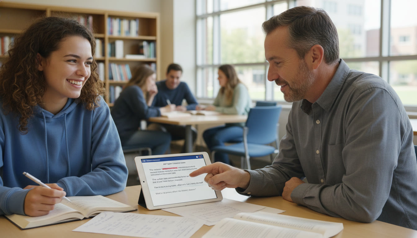 Photo Idea : An engaging photo of a student being coached one-on-one by a tutor, with a tablet open to a practice prompt and the tutor pointing to a sentence—illustrates tailored guidance and the personal feedback loop that boosts exam readiness.