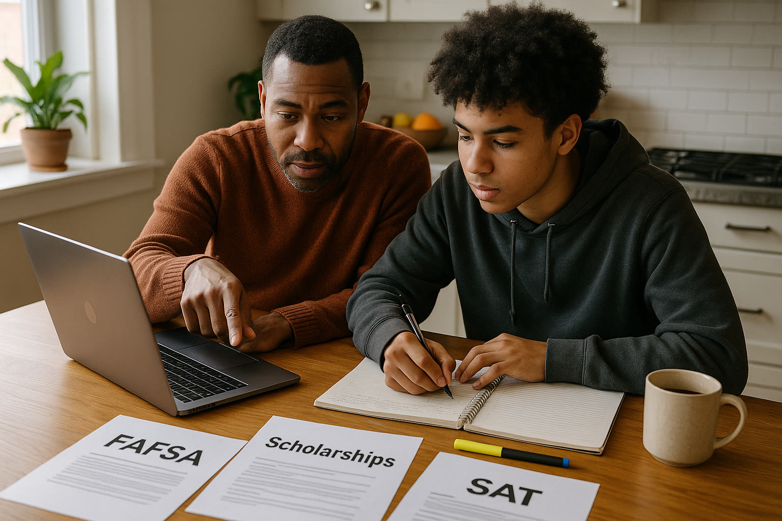Photo Idea : A parent and teen at a kitchen table, laptop open, notebook, and printouts labeled “FAFSA,” “Scholarships,” and “SAT,” looking focused and collaborative.