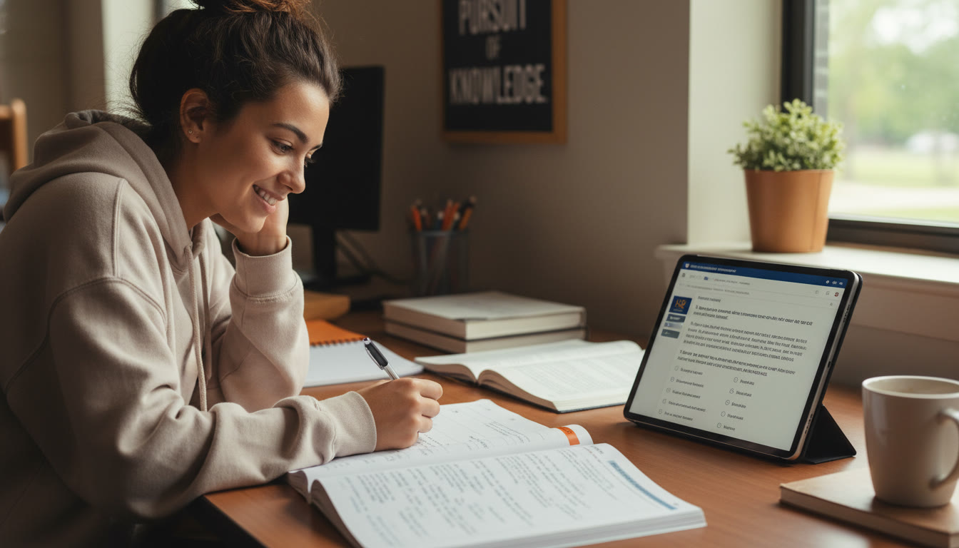 Photo Idea : A focused study scene at a desk with a student reviewing an AP free-response booklet on one side and a tablet showing a digital SAT practice question on the other   illustrates the complementary nature of preparation.