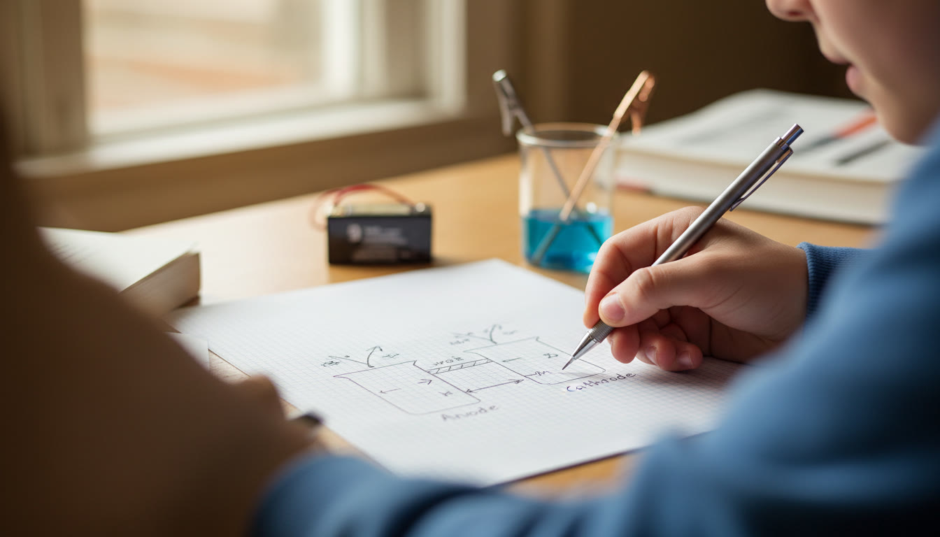 Photo Idea : A bright, close-up shot of a student’s hand sketching a galvanic cell diagram on graph paper, with a battery and electrodes in soft focus in the background — conveys hands-on study and conceptual mapping.