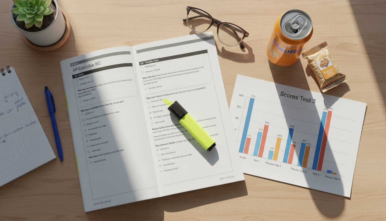 Photo Idea : A top-down shot of a student’s desk with an AP practice test, highlighter, and a colorful bar graph printout—captures an intentional, focused study moment.