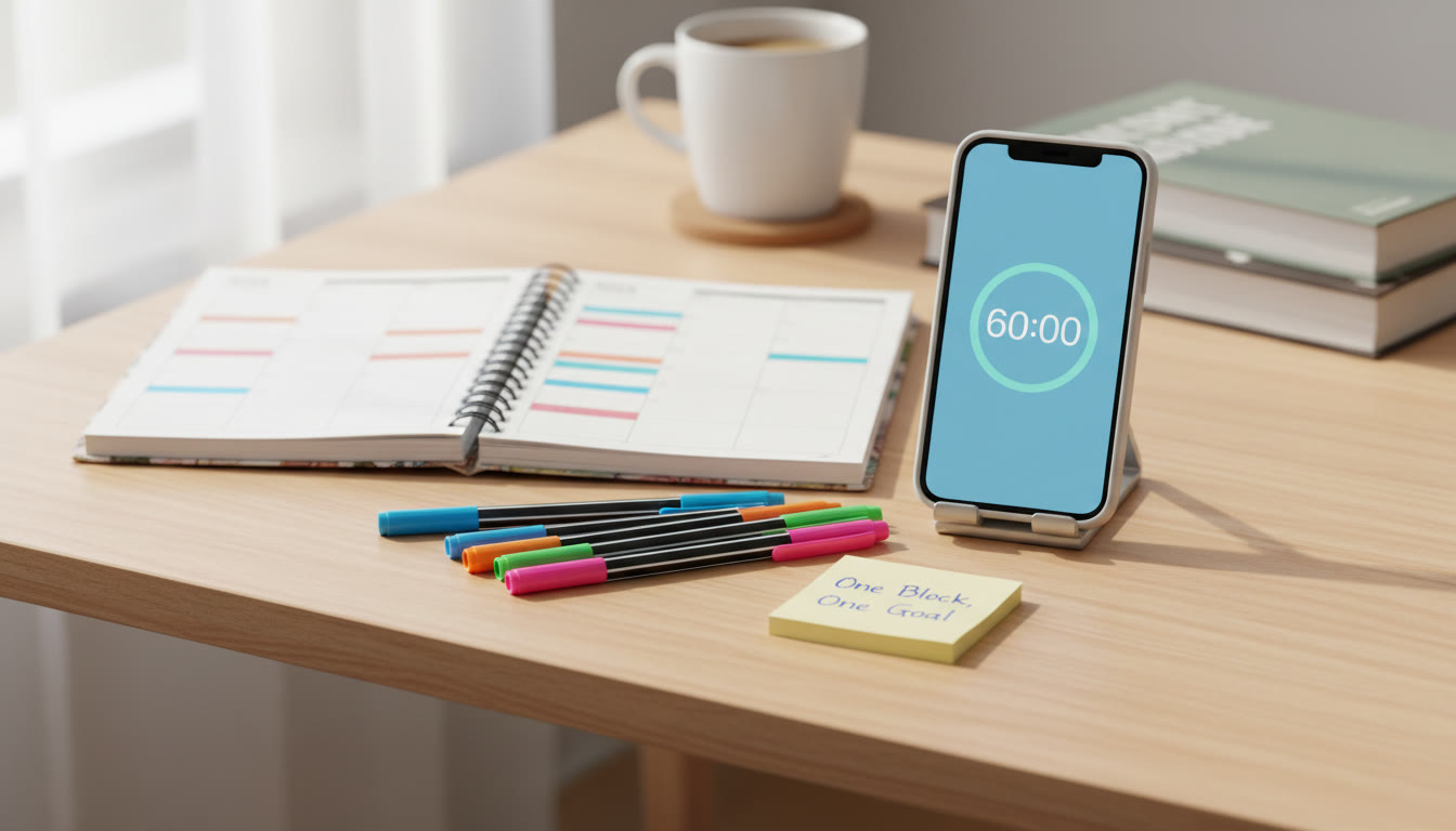 Photo Idea : A clean desk with a weekly planner open, colored pens, a smartphone timer showing 60:00, and a small sticky note reading 