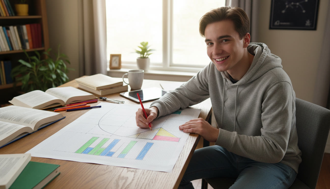 Photo Idea : Student at a desk sketching a curve on graph paper, with colored areas under the curve shaded to show Riemann rectangles and trapezoids; soft natural light, relaxed study vibe.