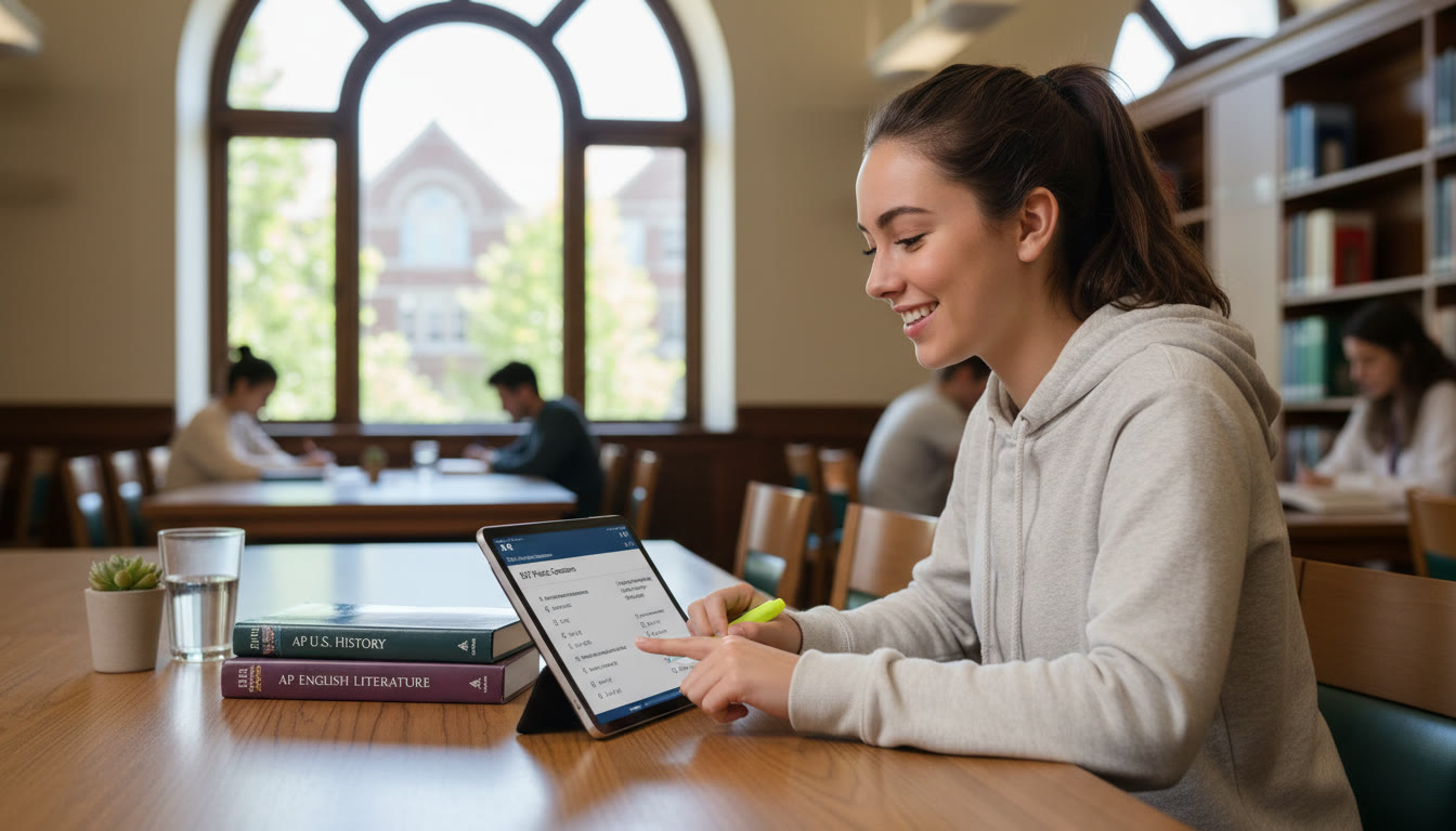 Photo Idea : A bright, hopeful image of a Grade 11 student studying in a library with a small stack of AP textbooks and a tablet open to SAT practice questions conveying focused, balanced preparation and forward momentum.