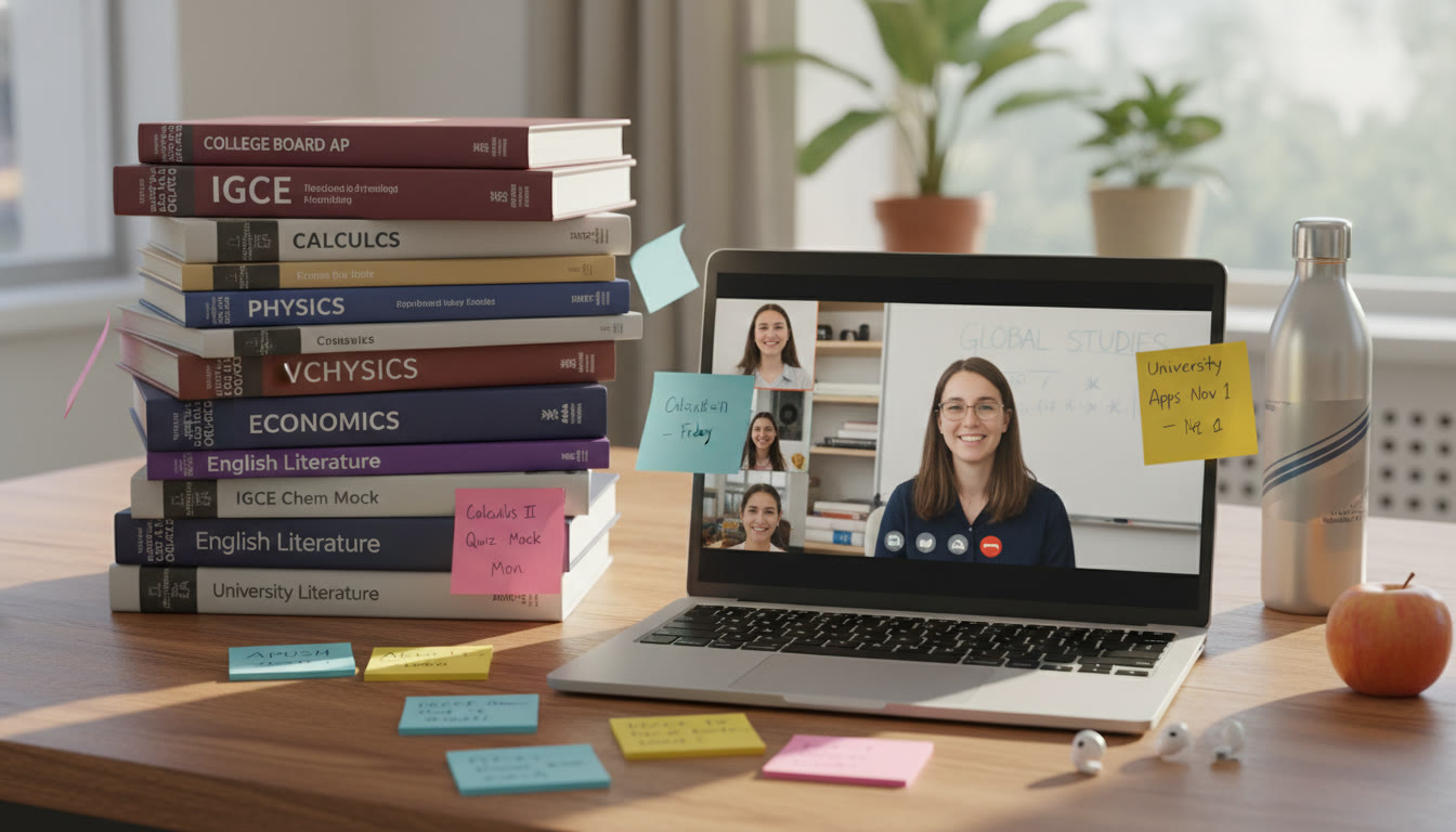 Photo Idea : A bright study table with stacked IGCSE and AP textbooks, a laptop showing a classroom video call, and sticky notes with deadlines and goals — conveys organized, ambitious international students.