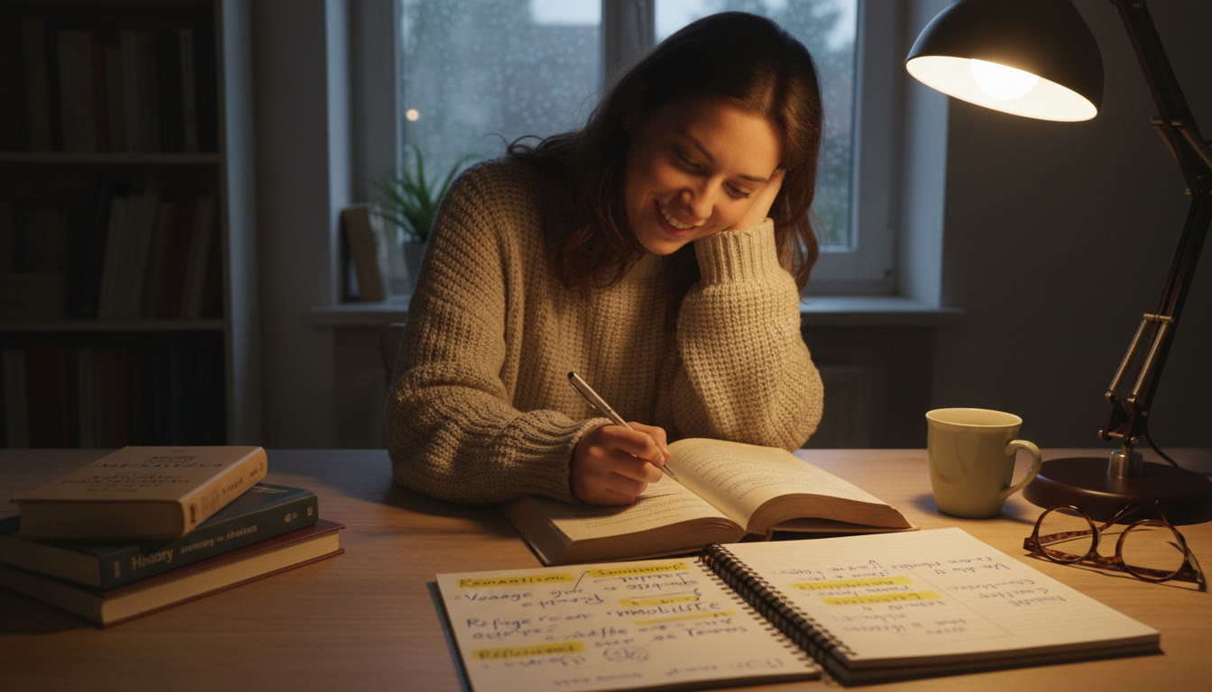 Photo Idea : A cozy study scene with a student annotating a French poem, a notebook open with highlighted cultural-theme notes, and a warm light—evoking focus, curiosity, and the tactile pleasure of studying literature.