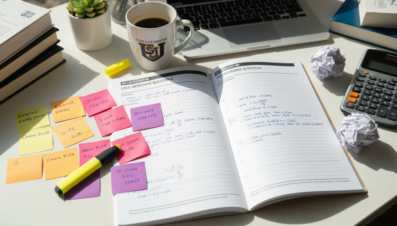 Photo Idea : A top-down photo of a student’s desk with colored sticky notes arranged like a small heatmap next to an open AP free-response booklet and a highlighter — bright, natural light, candid and focused.