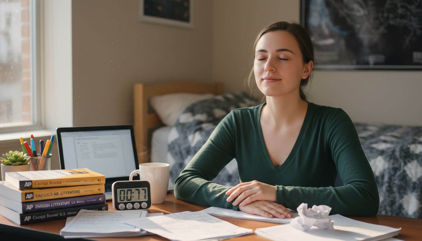Photo Idea : A student at a tidy desk, eyes closed for a 10‑second breath, AP textbooks and practice sheets beside a small timer—natural light, peaceful expression.