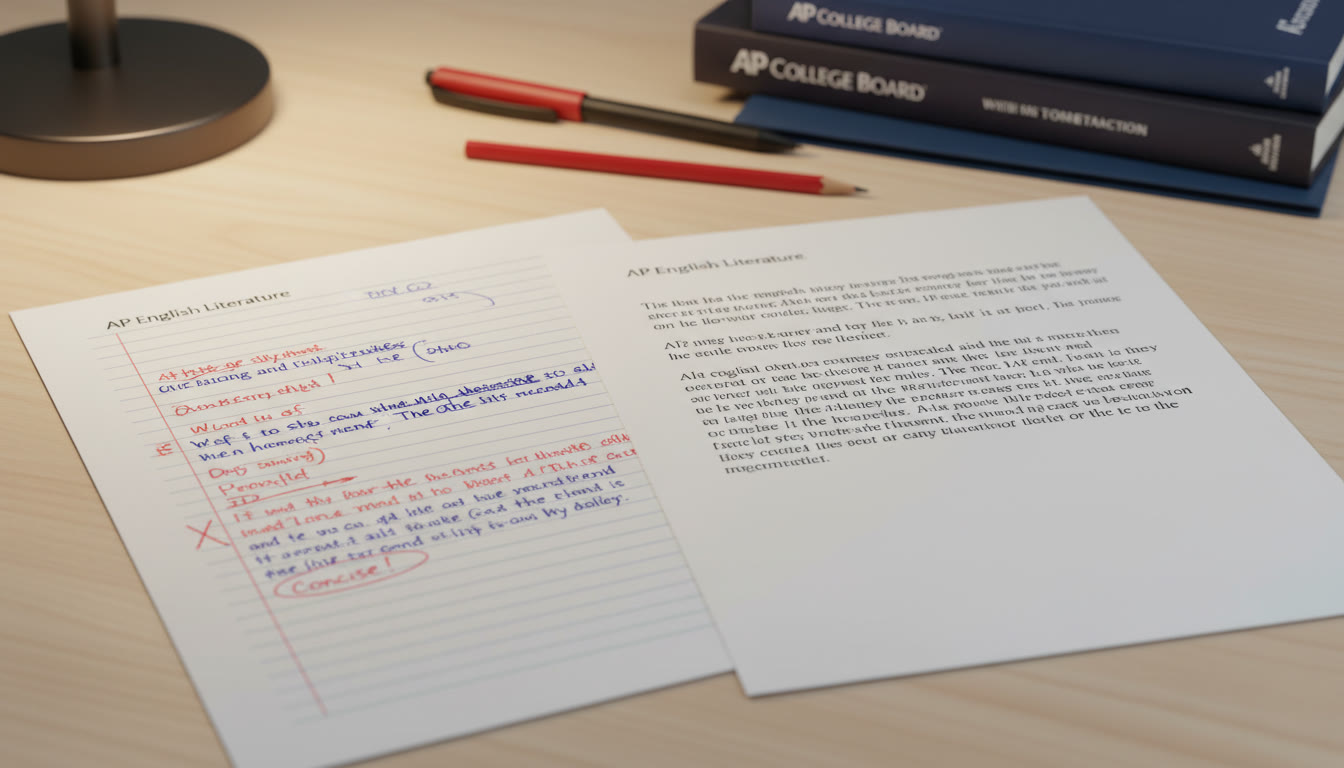 Photo Idea : Close-up of a printed draft with margin edits highlighted in red and a tidy final paragraph—conveys the editing process and the payoff of concise revision.