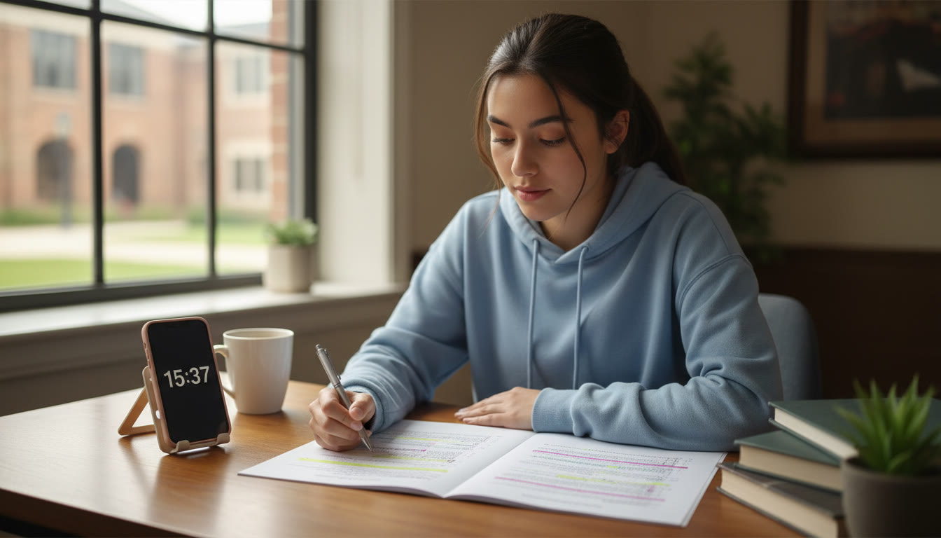 Photo Idea : A student at a desk with a calm, focused expression, a timer running on a smartphone, and an open passage on paper—captures the blend of concentration and timed practice that helps build confidence.