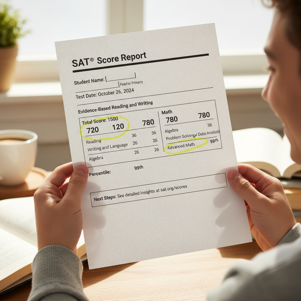 Close-up of an SAT score report printed on paper with highlighted subscores and percentiles; suggests a visual for 