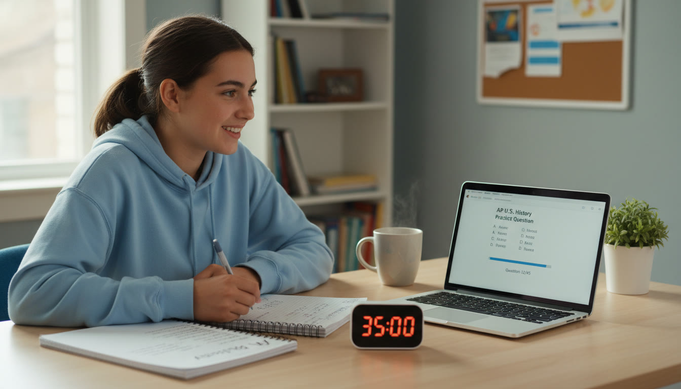 Photo Idea : A high school student at a desk with a timer, notebook, and a laptop showing an AP practice question. Natural light, calm workspace—conveys focused, deliberate study.