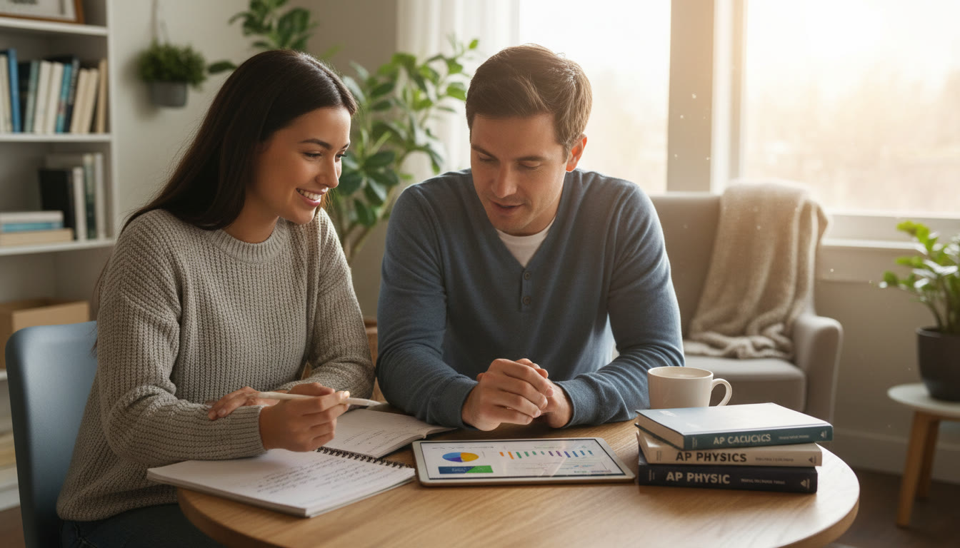 Photo Idea : A study nook image showing a student working with a tutor on a tablet and notebook — conveys supportive, focused 1-on-1 study, soft background, natural interaction to reflect personalized tutoring.