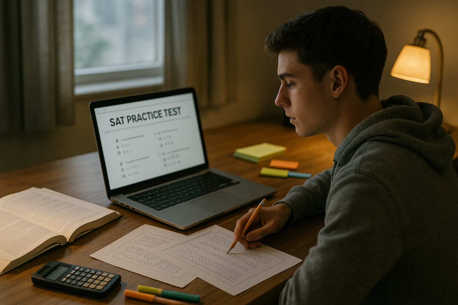 Photo Idea : A candid photograph of a student at a desk using a laptop to take SAT practice tests, with study materials and a warm lamp — conveys focused but calm preparation.