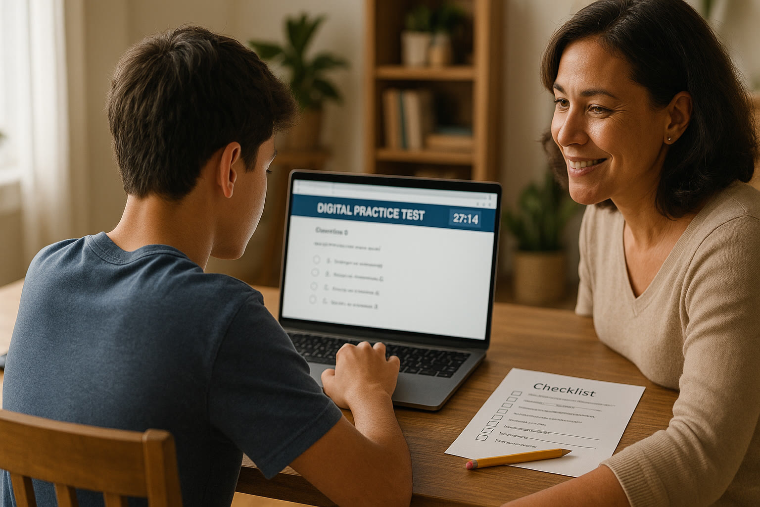 Photo Idea : A young student taking a timed practice Digital SAT on a laptop in a quiet study room, with a parent nearby offering quiet support and a printed checklist on the table.