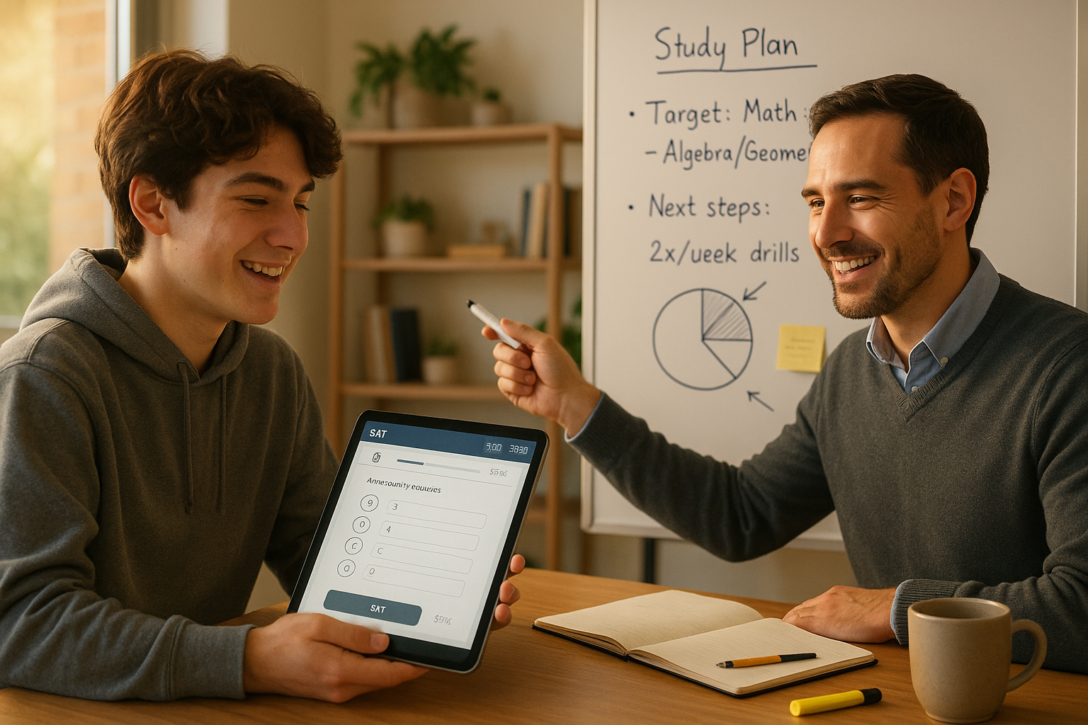 Photo Idea : A teen and a tutor reviewing a digital SAT practice test on a tablet, smiling as they plot targeted next steps on a whiteboard.