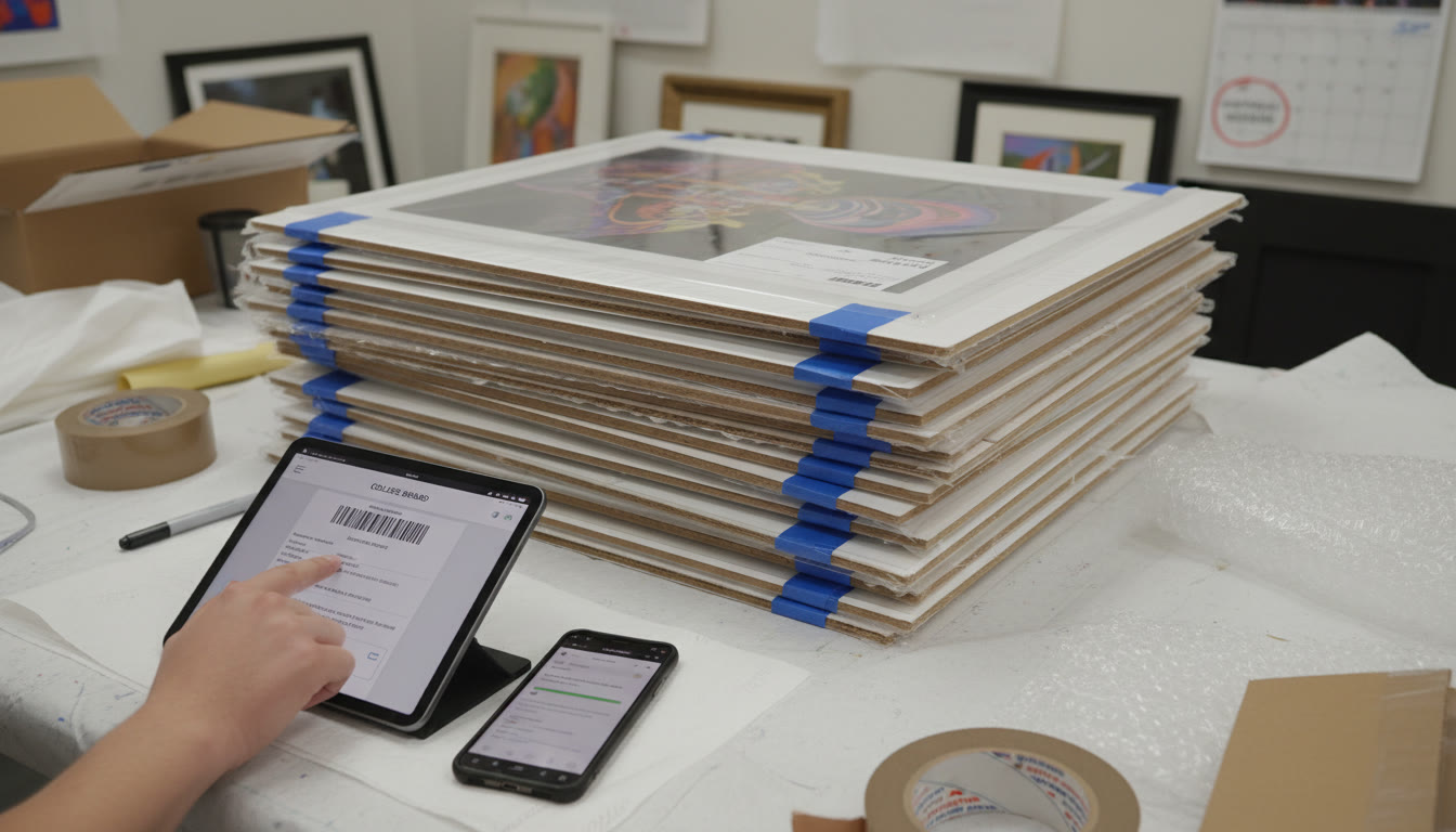 Photo Idea : Close-up of a packing table: archival tissue, labeled prints stacked between boards, a shipping label being finalized, and a phone showing tracking—conveys action and preparedness.