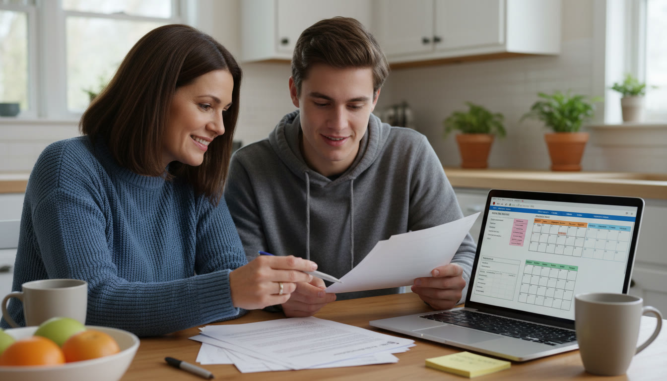 Photo Idea : A parent and student reviewing paperwork together at a kitchen table, a laptop open showing a study plan — conveying partnership, planning, and calm organization.