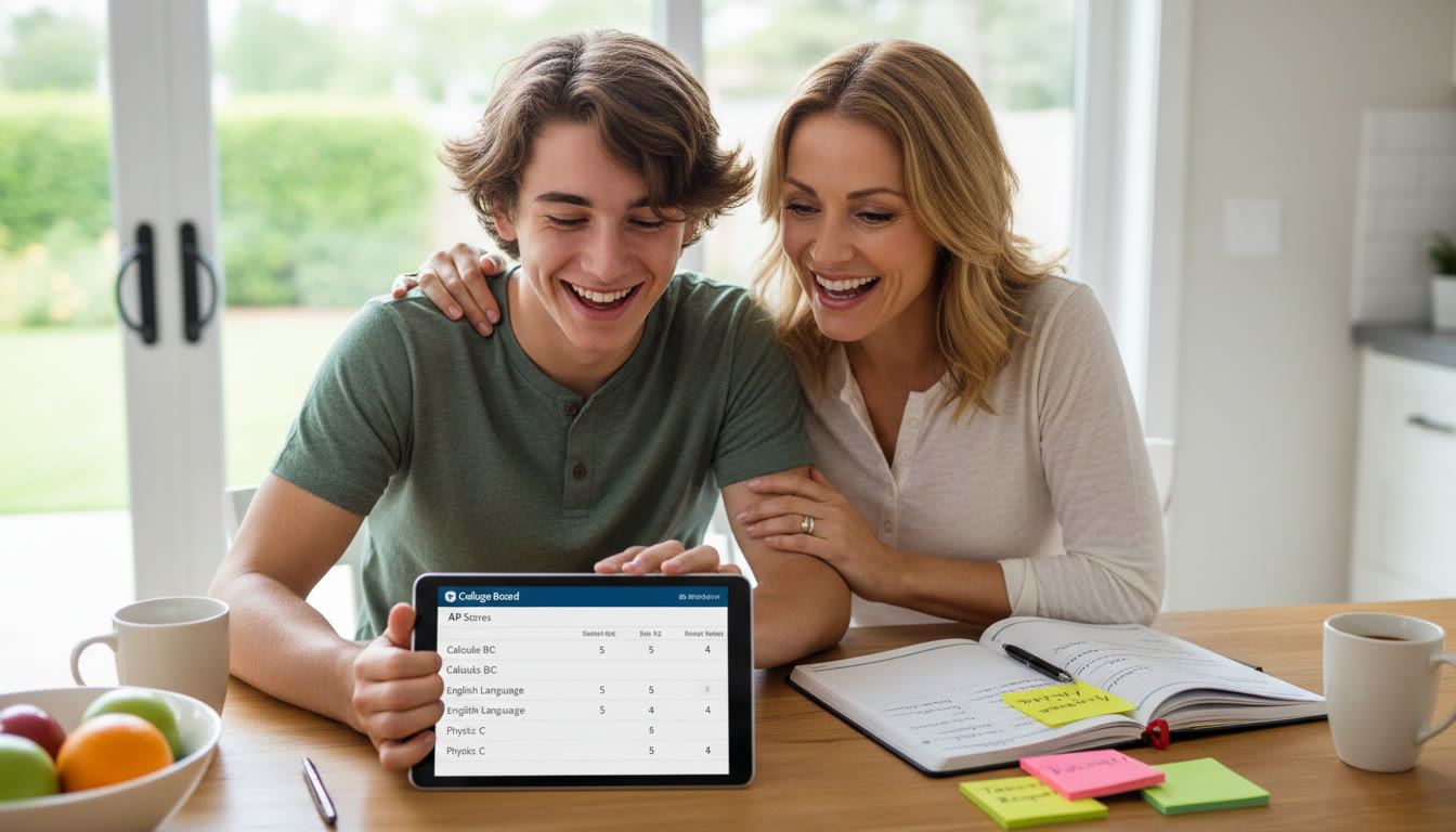 Photo Idea : A parent and student at a kitchen table, smiling, as they review a digital score report on a tablet; a planner and sticky notes show a clear micro-plan for the week.