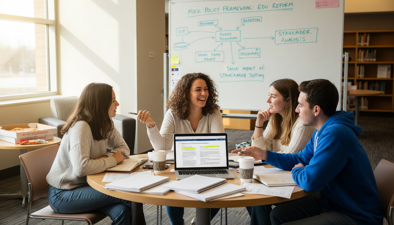 Photo Idea : A small group of students engaged in a lively debate surrounded by notes, a whiteboard with a mock policy diagram, and a laptop open to a research draft—captures collaboration, analysis, and the social-science spirit.