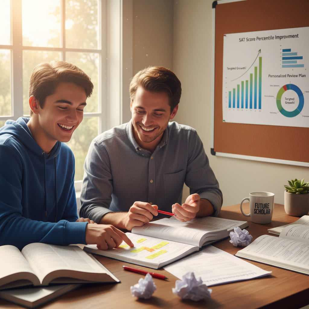 A photo concept showing a student and tutor reviewing a practice test with highlighted mistakes and a percentile chart printed beside them—illustrates personalized review and targeted improvement.