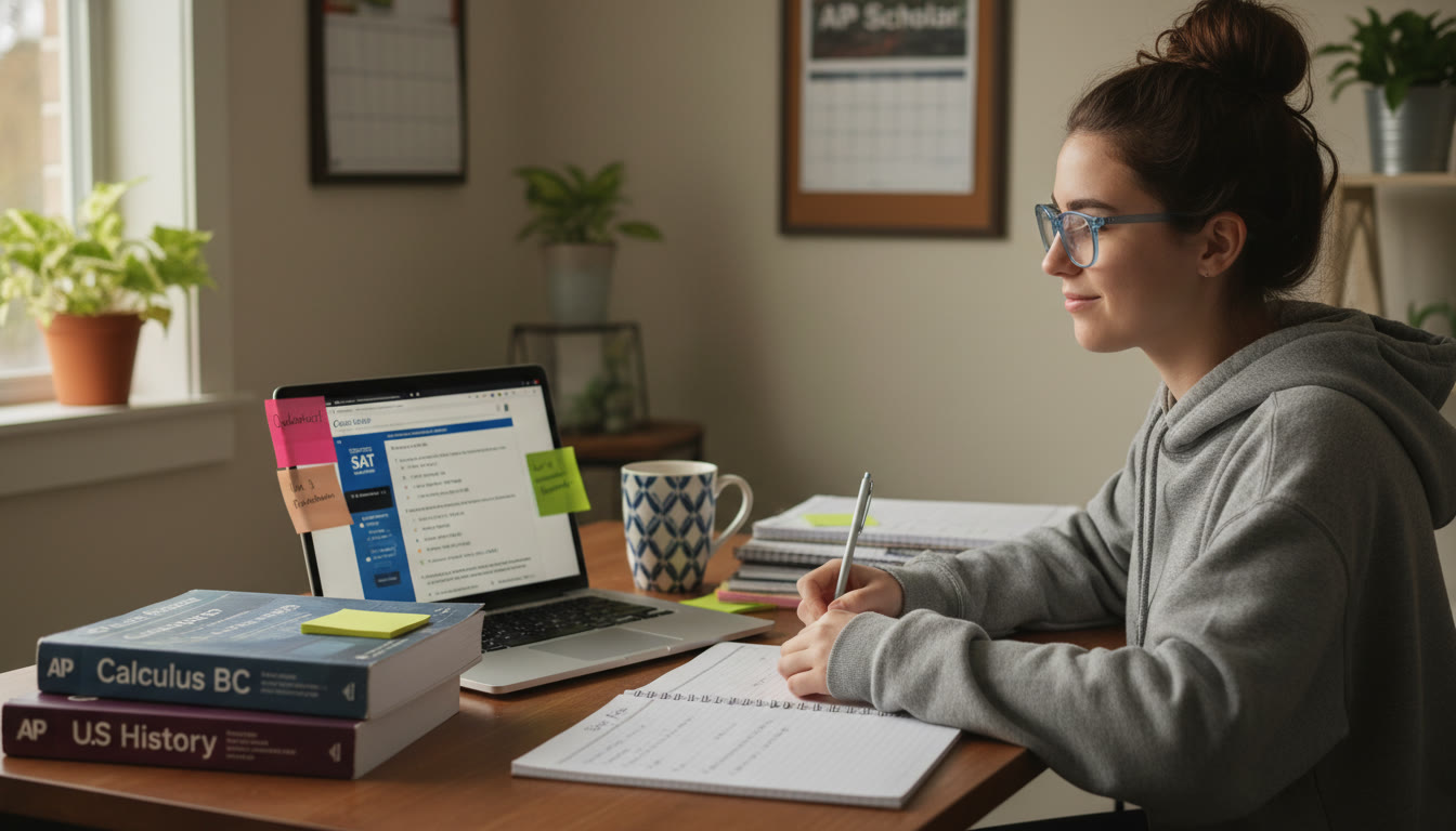 Photo Idea : A calm study scene a high school student at a desk with both AP textbooks and a laptop open to a digital SAT practice test, with sticky notes and a coffee mug. The mood should be focused but relaxed, hinting at purposeful planning.