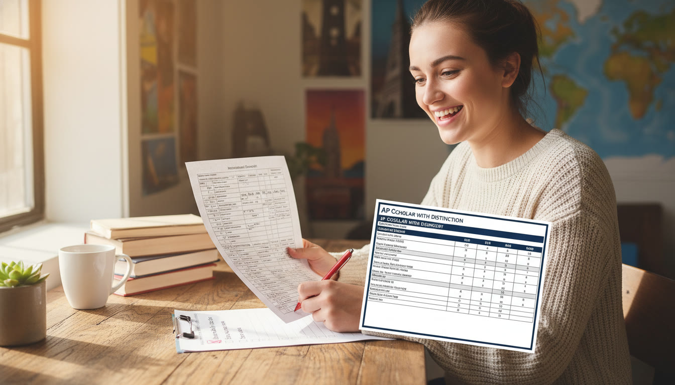 Photo Idea : A student sitting at a desk with an open international transcript and AP score report, checking boxes on a checklist—natural light, warm tone, focused expression.