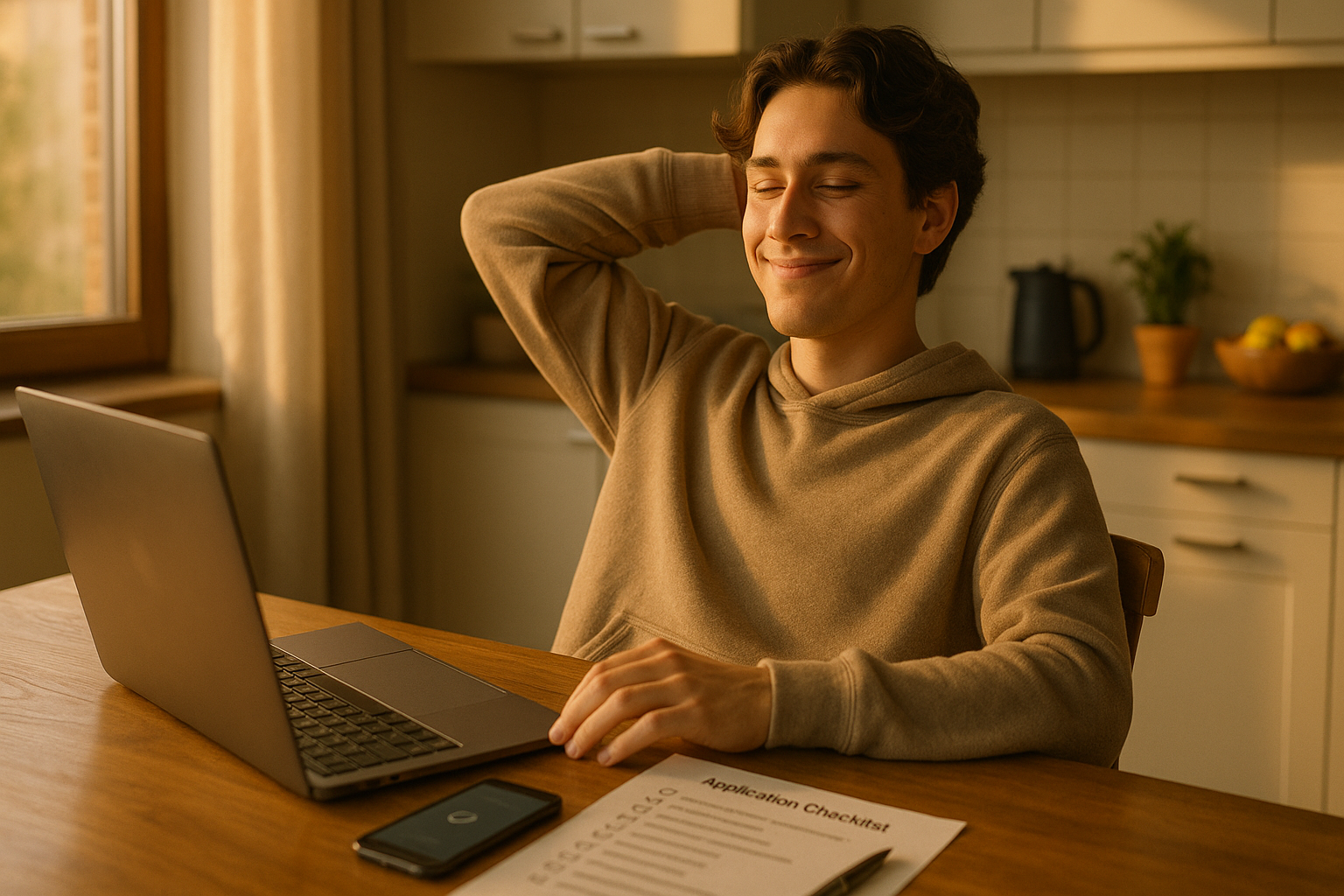 Photo Idea : A student at a kitchen table with a laptop, phone, and application checklist, looking relieved after fixing a problem. Natural lighting, warm tone.