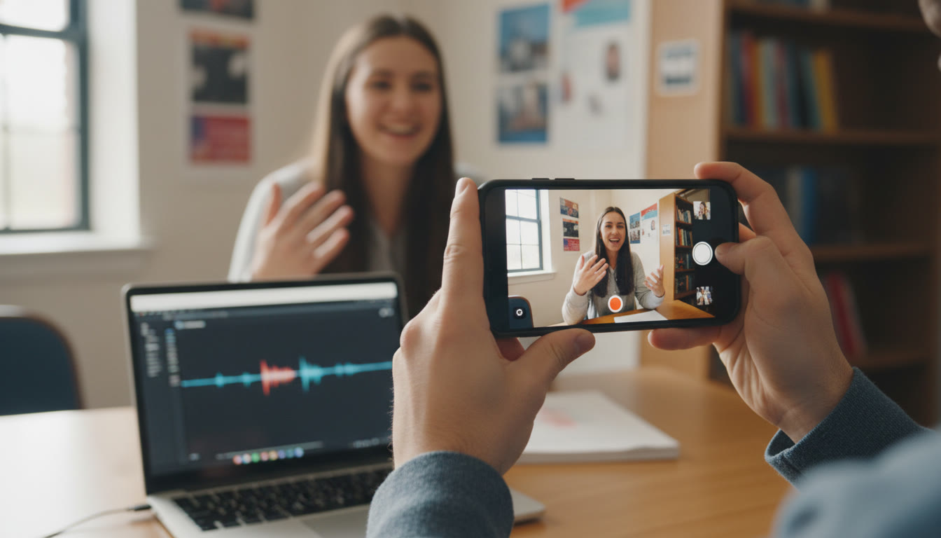 Photo Idea : A close-up of hands holding a smartphone in landscape orientation recording a student speaking, with a laptop open showing waveform playback in the background.
