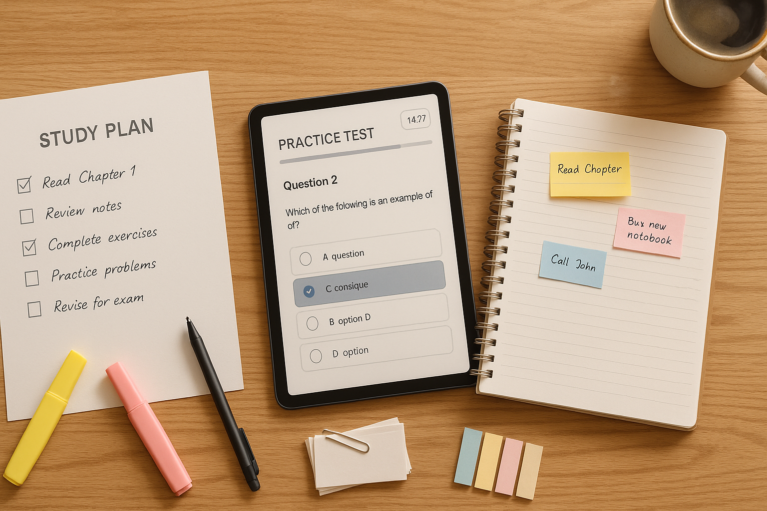 Photo Idea : A neat flat-lay photo of a study plan on paper, a tablet showing a digital practice test screen, and a notebook with sticky notes — visual of organized preparation.