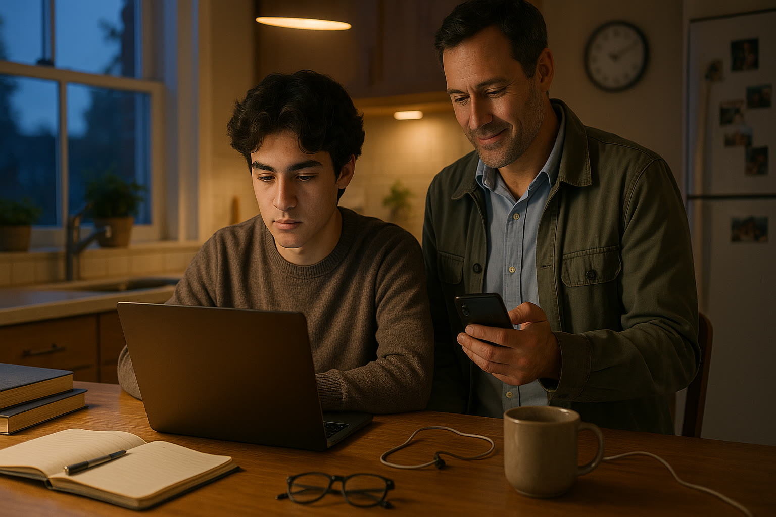 Photo Idea : A warm kitchen table scene at dusk with a high school student practicing on a laptop while a parent in work clothes reviews a calendar on their phone—soft light, calm atmosphere.