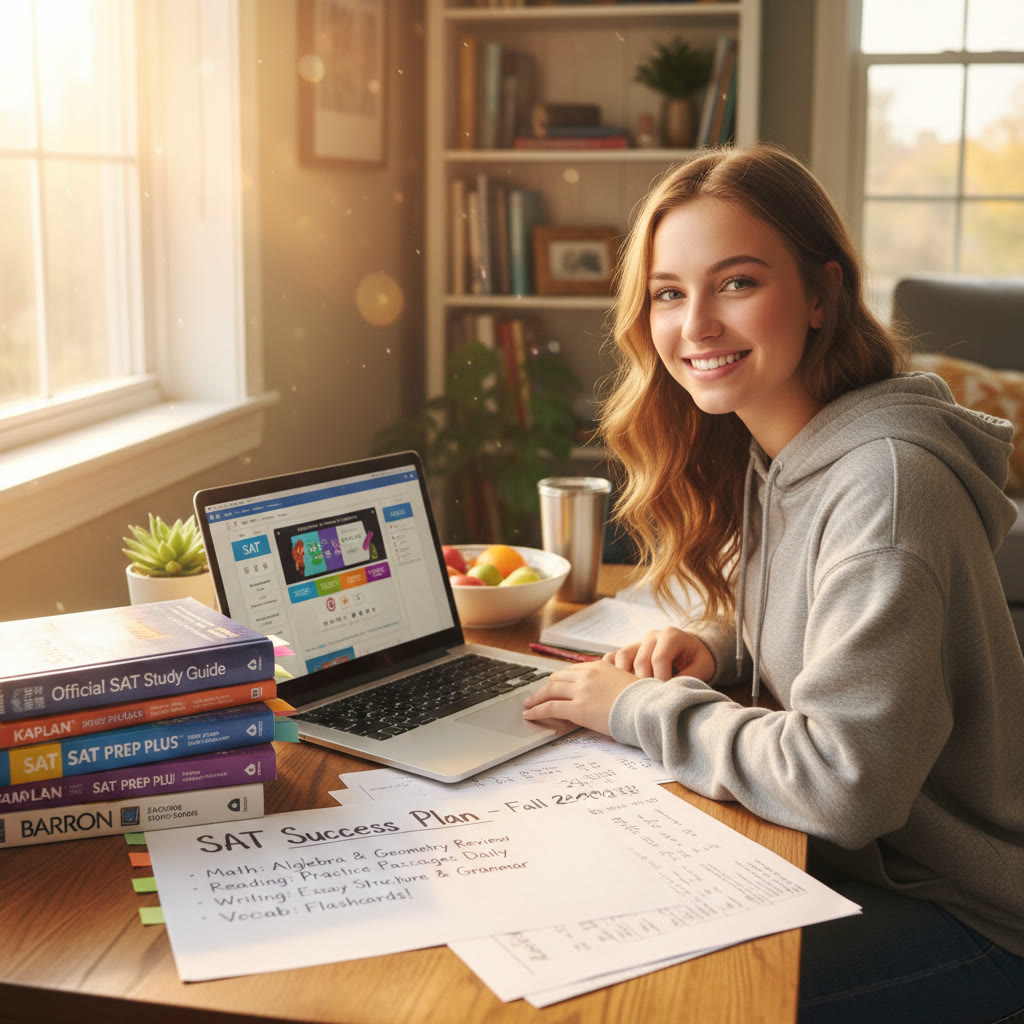 Photo Idea : A student at a desk with a laptop, SAT prep books, and notes, sunlight spilling over the page—evokes focused, hopeful preparation in a home or school setting.