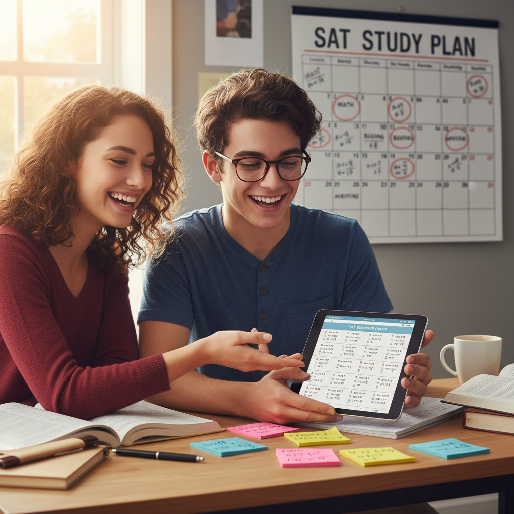 Photo Idea : A smiling tutor and student at a desk, looking at a tablet displaying practice problems, with sticky notes and a study plan calendar visible — energetic and collaborative.