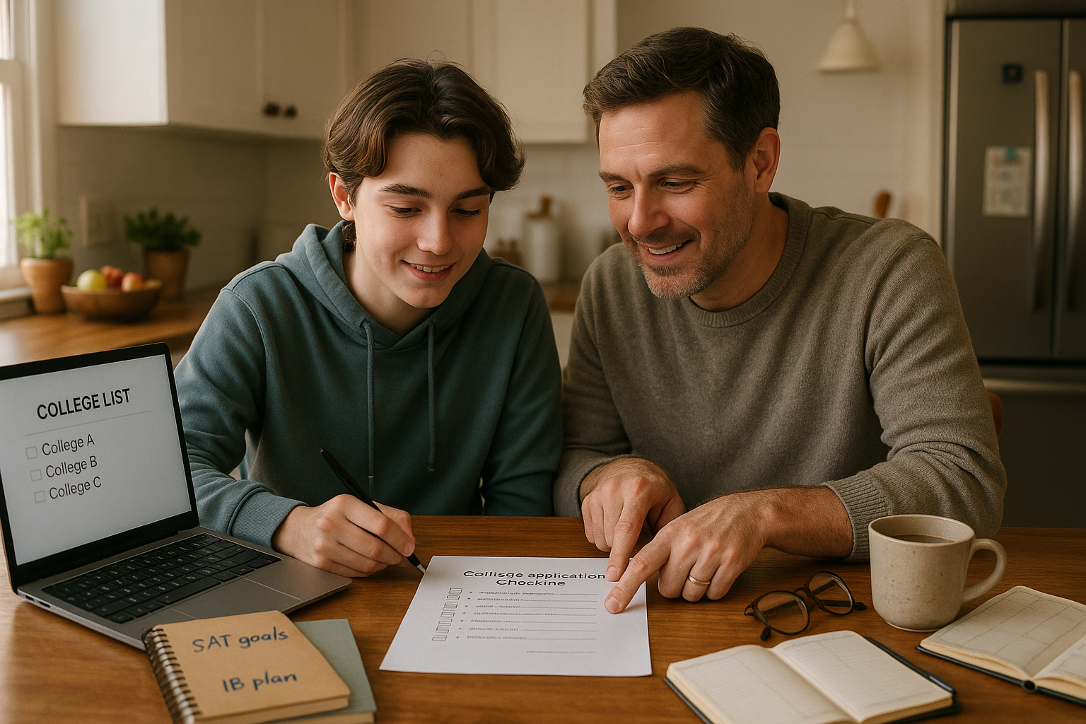 Photo Idea : A parent and teen reviewing a college application checklist together at a kitchen table, laptop open with a college list visible and notebooks labeled “SAT goals” and “IB plan.” Warm, collaborative scene.
