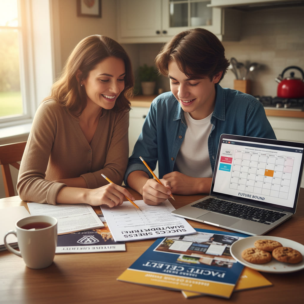 Photo Idea : A parent and teen reviewing a checklist at a kitchen table with college brochures and a laptop open to an application deadline calendar — warm, collaborative planning moment.