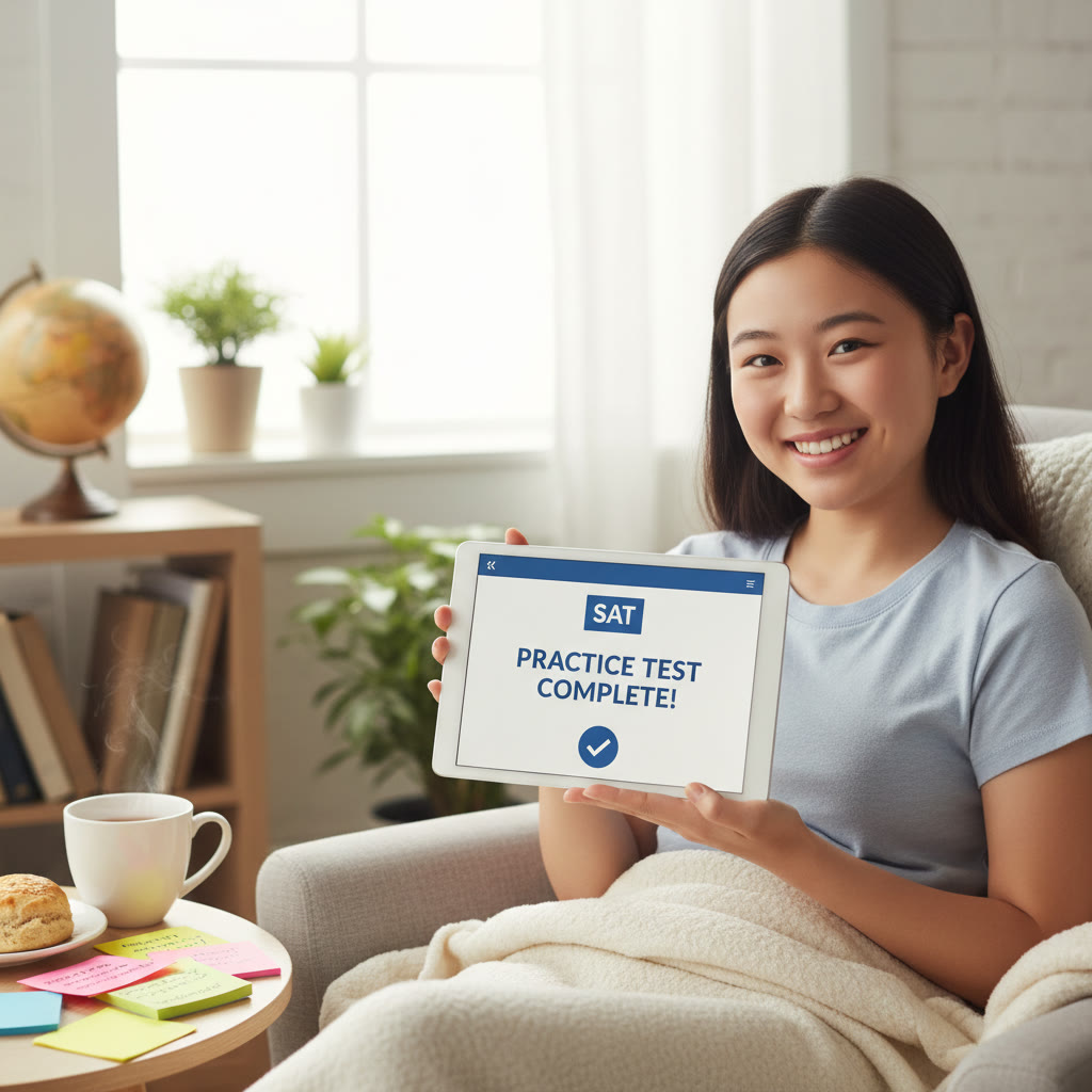 Photo Idea : A bright image of a student smiling confidently after completing a practice test on a tablet, with notes and a cup of tea nearby — representing digital test prep and balanced study life.