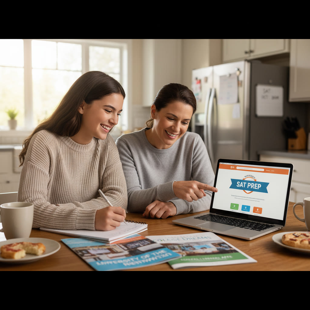 Photo Idea : A hopeful high school student and a parent sitting at a kitchen table with college brochures and a laptop, smiling and making notes together.