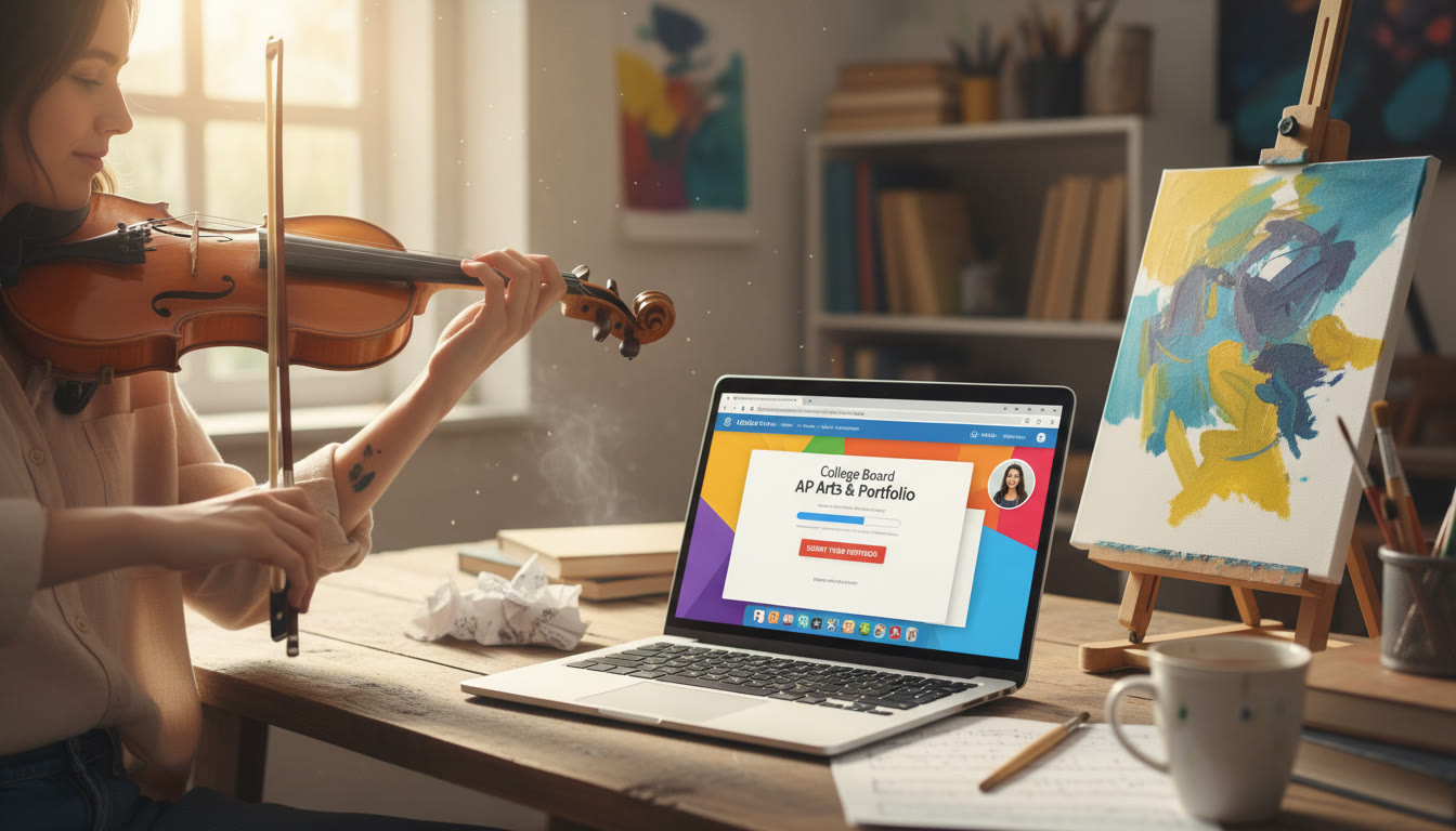 Photo Idea : Close-up of hands on a violin or brushstrokes on a canvas with a laptop nearby showing the application portal — visualizing the intersection of craft practice and digital submission.