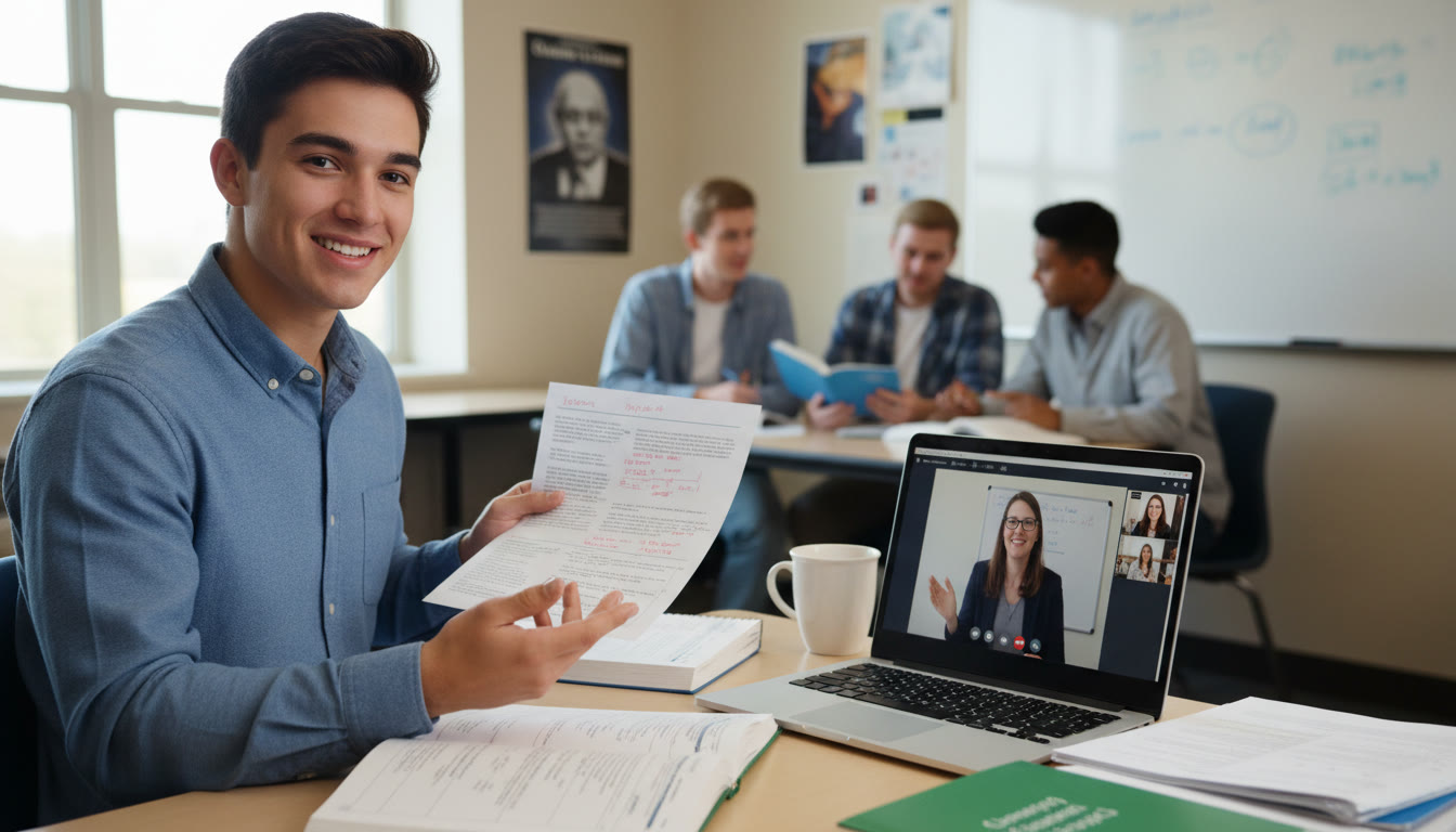 Photo Idea : A student working one-on-one with an online tutor (screen visible) while holding a printed lab report, illustrating how personalized guidance complements peer review.