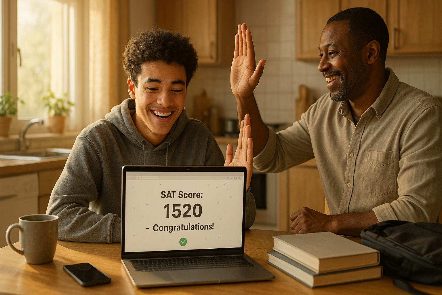 Photo Idea : A smiling student checking their SAT score on a laptop at a kitchen table, with a parent nearby offering a high-five.
