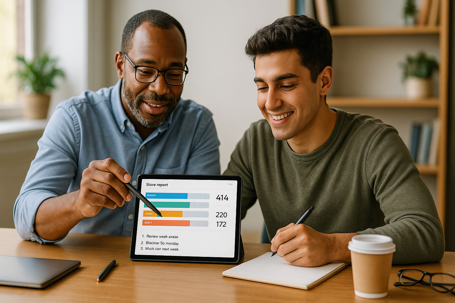 Photo Idea : A tutor and student working together on a tablet, with the digital score report open on the screen and a notepad listing a short, focused plan; the atmosphere is collaborative and upbeat.